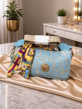 NWT Versace La Greca Logo Canvas Medusa Shoulder Bag Blue Full Set Guitar Strap